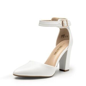 White Ankle-Strap Block Heel Pumps - Women's Size 11